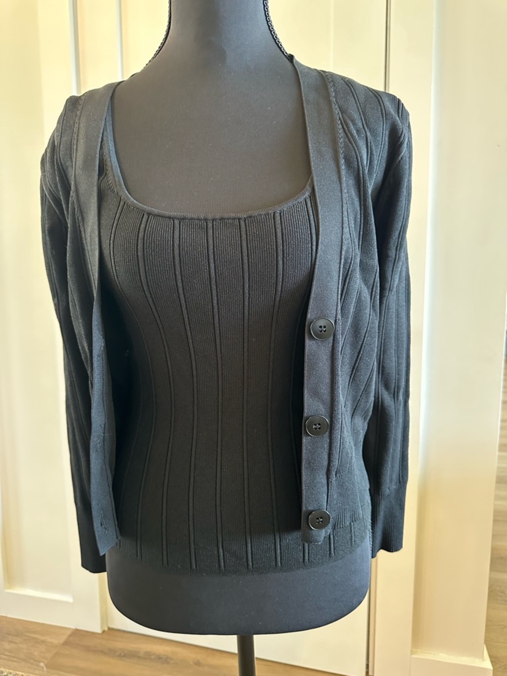 Black Ribbed Tank & Cardigan Set - Women Sweater Size Small